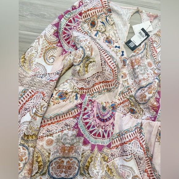 Guess Kali Paisley Cutout Long Sleeve Linen Romper L - Picture 6 of 8